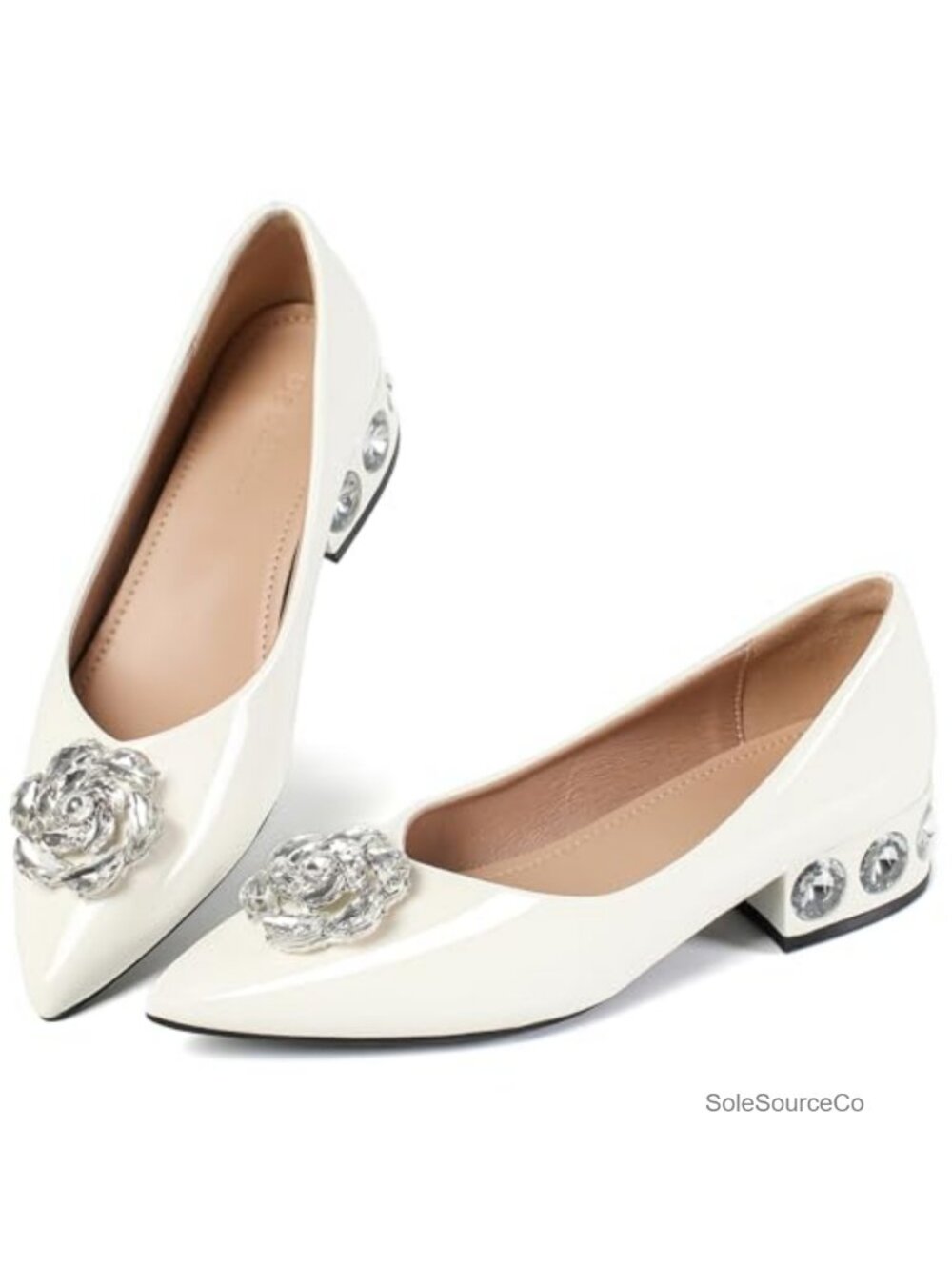 Women's Low Block Heel Rhinestone Pointed Toe Pumps Shoes Work Dress